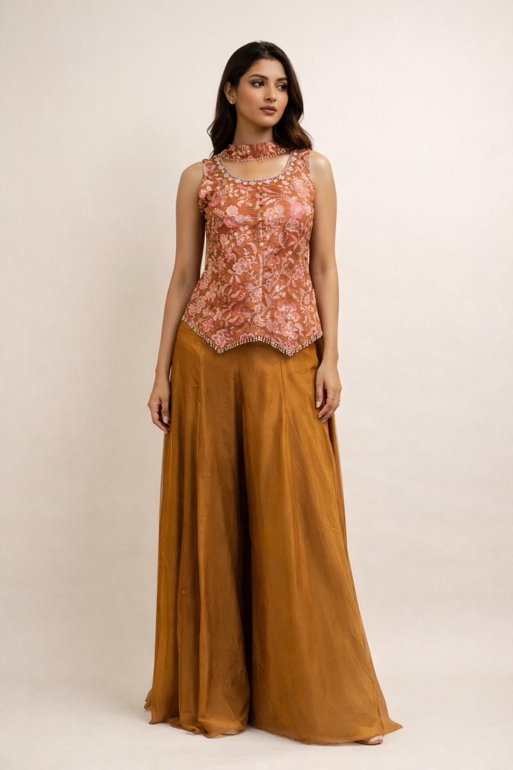 Rust & Mustard Silk Co-ord Set with Floral Embroidered Top